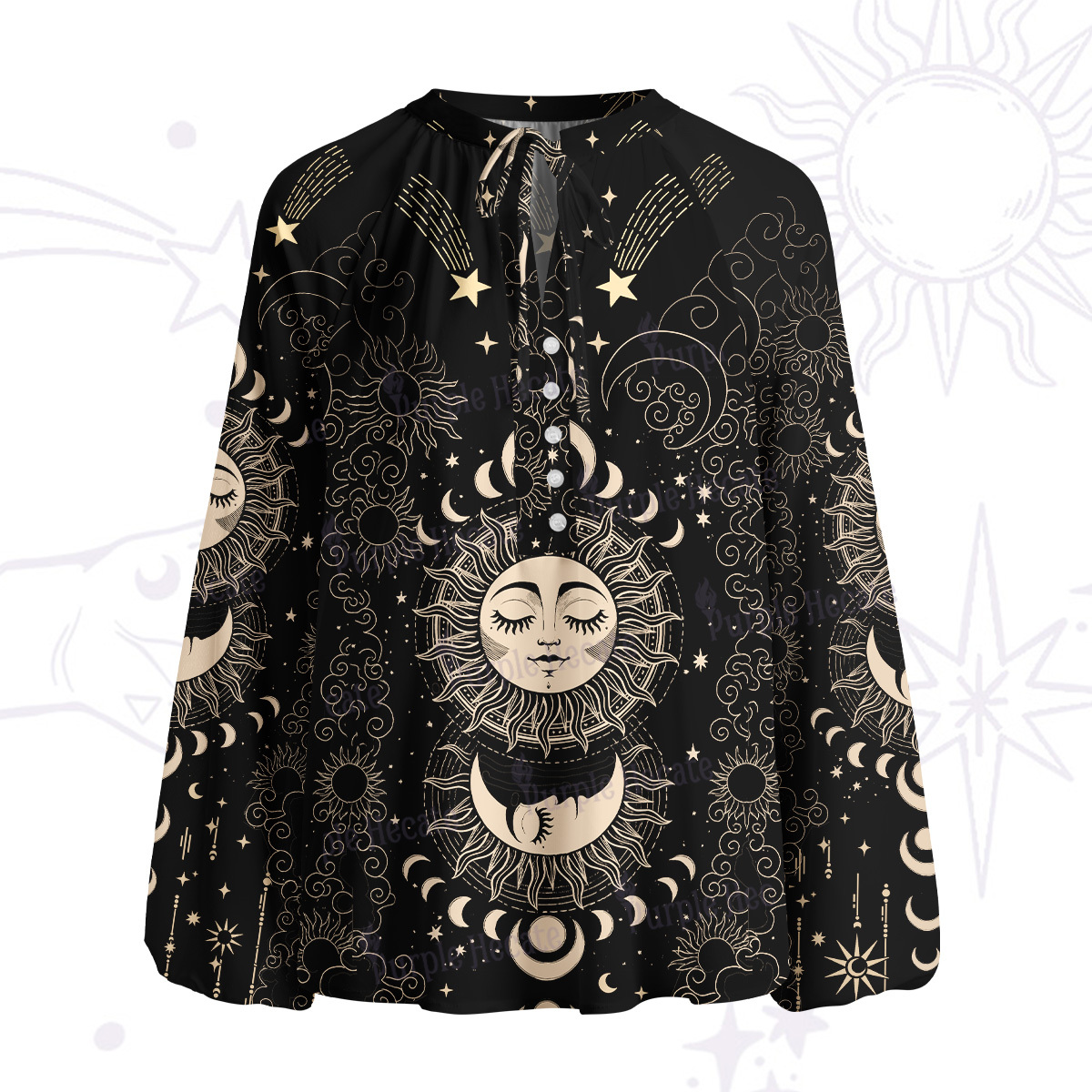 Purplehecate Lunar Eclipse Split Neck Tie Blouse
