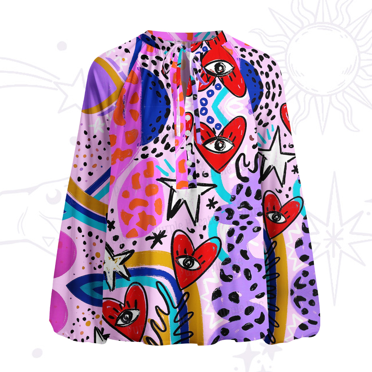 Purplehecate Cosmic Love Eyes Graffiti Split Neck Tie Blouse