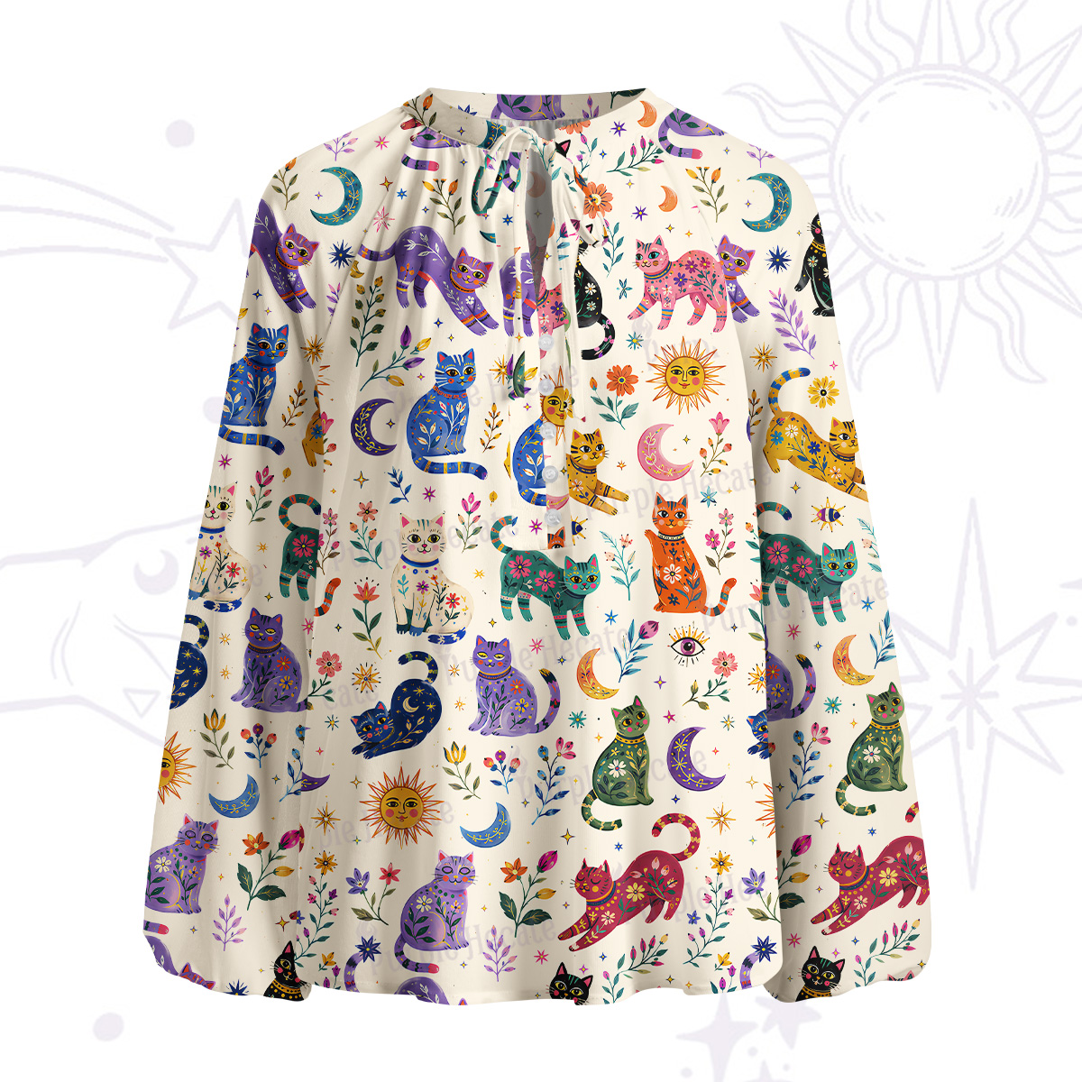 Purplehecate Rainbow Magic Cats Split Neck Tie Blouse