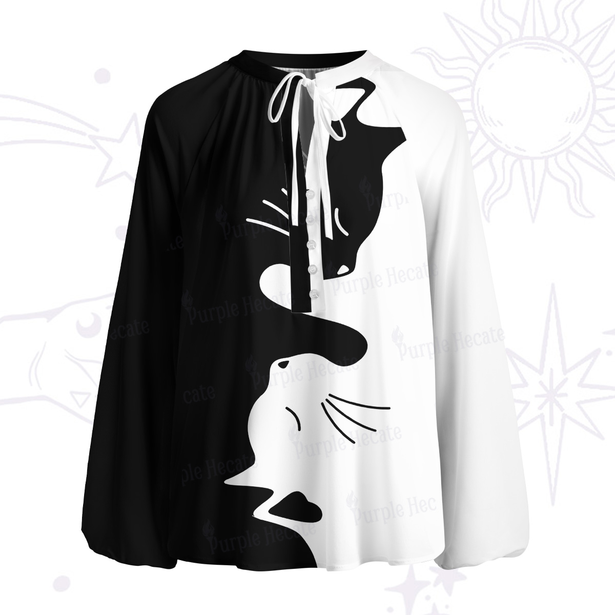 Purplehecate Yin Yang Cat Lover Split Neck Tie Blouse
