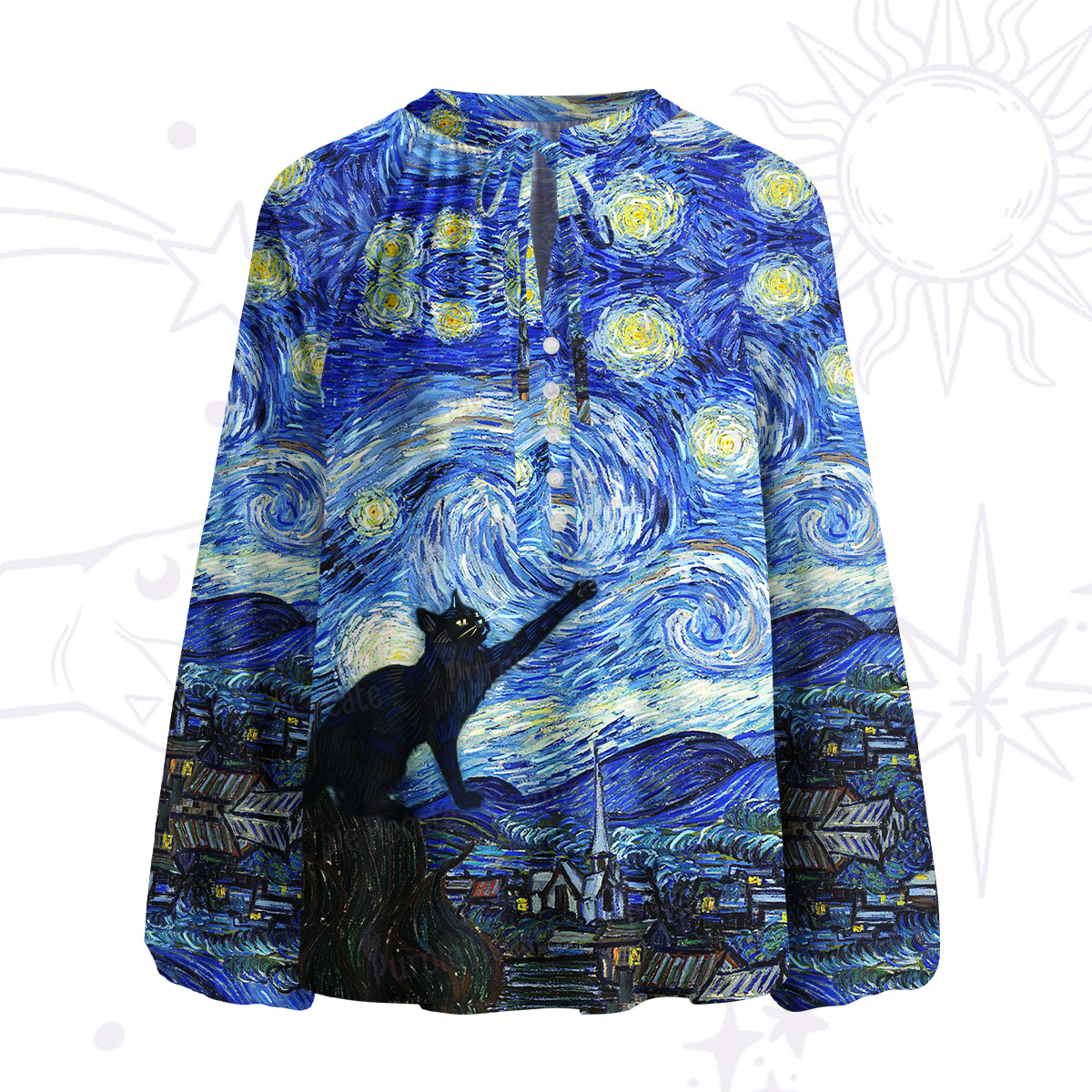 Purplehecate Witch Cat Under the Starry Night Split Neck Tie Blouse