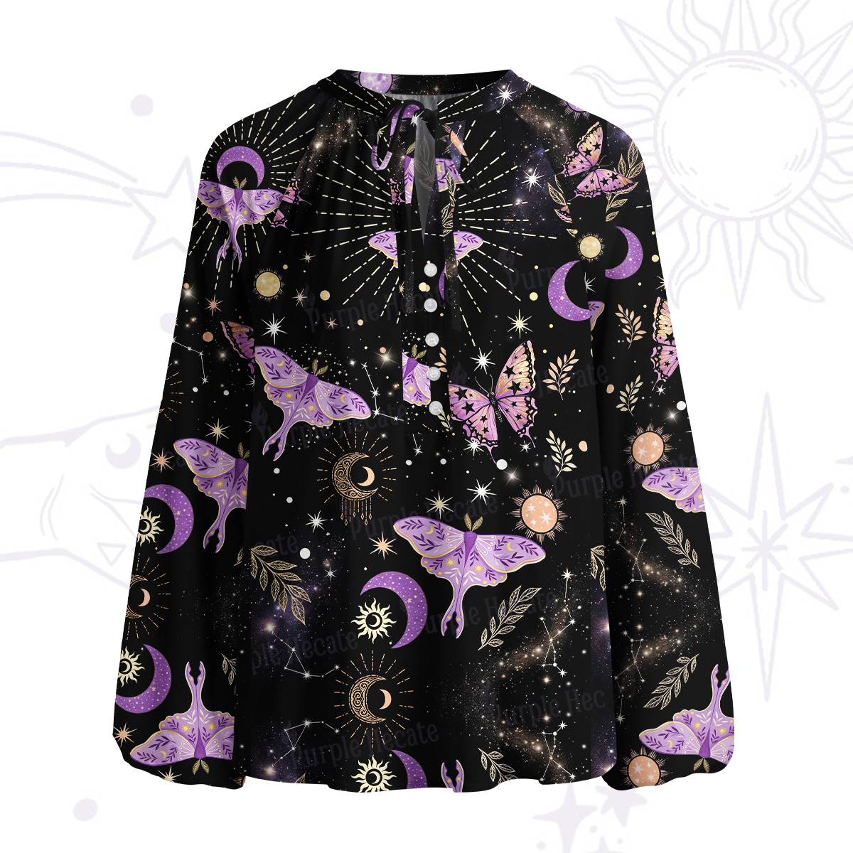 Purplehecate Starry Night Lunar Moth Split Neck Tie Blouse