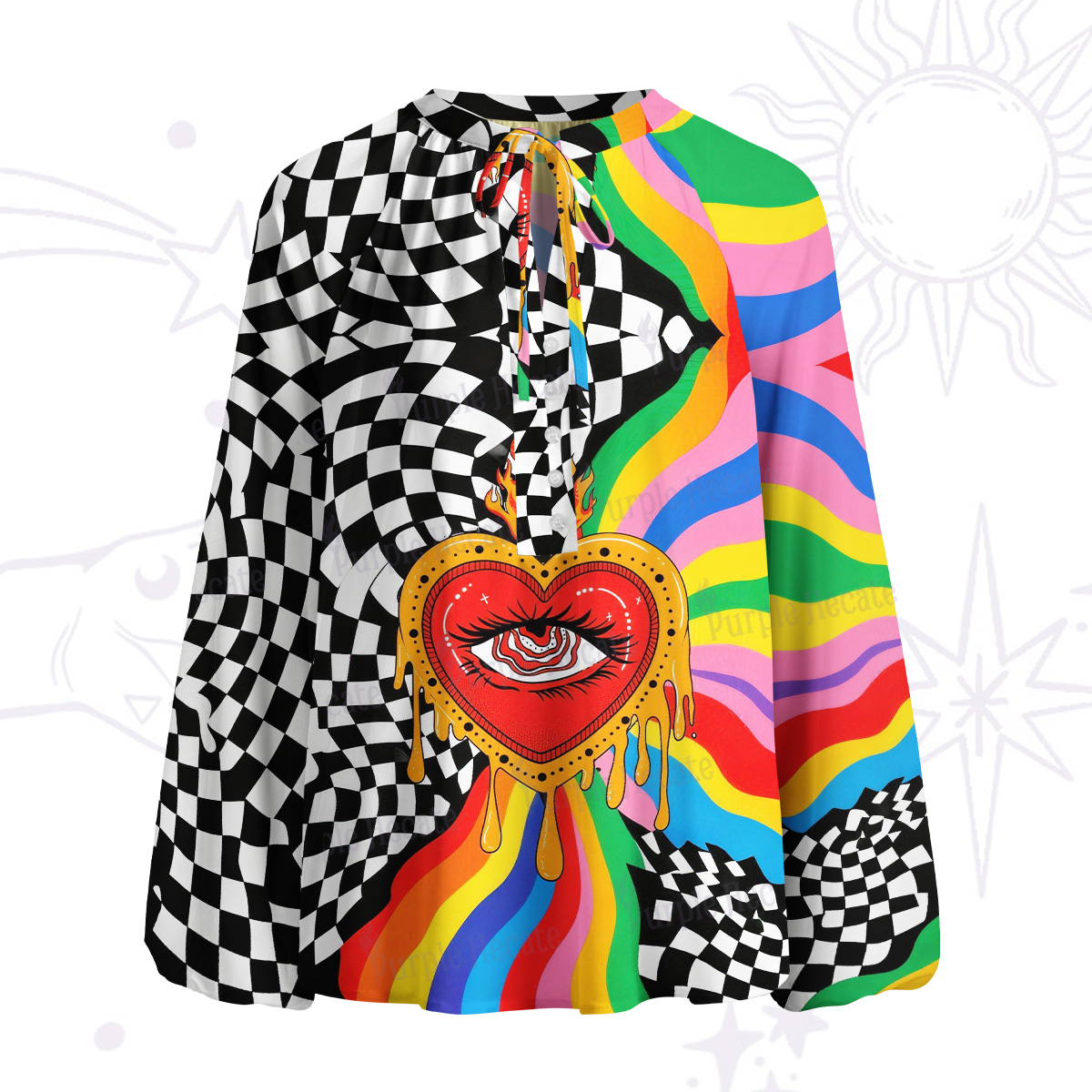 Purplehecate Trippy Rainbow Heart Eye Split Neck Tie Blouse