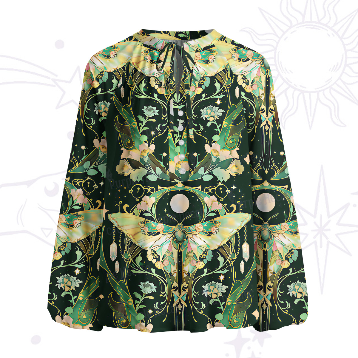 Purplehecate Moon Moth Rave Split Neck Tie Blouse