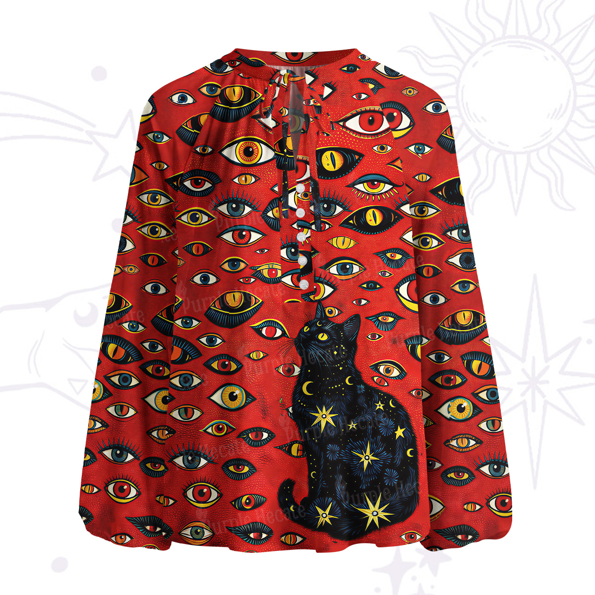 Purplehecate Cosmic Watcher Cat Split Neck Tie Blouse