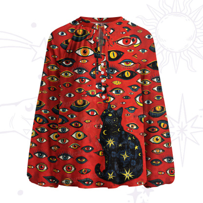 Purplehecate Cosmic Watcher Cat Split Neck Tie Blouse