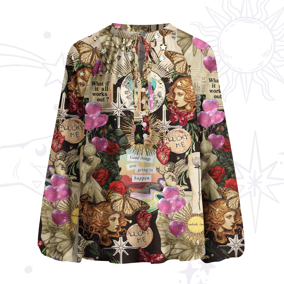 Purplehecate Lucky Me Sacred Heart Eye Split Neck Tie Blouse