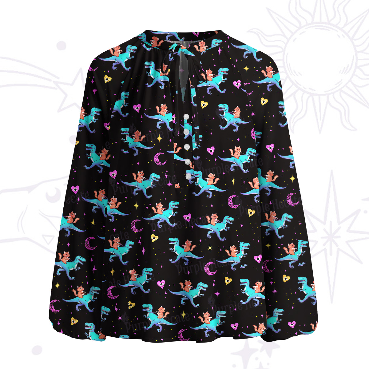 Purplehecate Witch Cat Rides the Dino Split Neck Tie Blouse