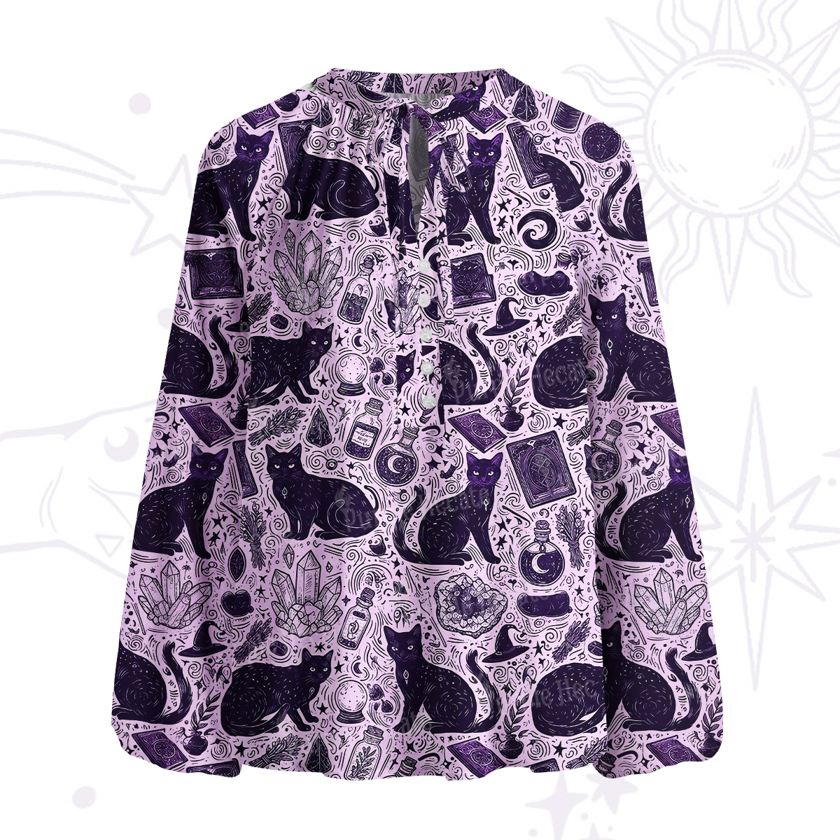 Purplehecate Midnight Black Cat Witch Potion Split Neck Tie Blouse