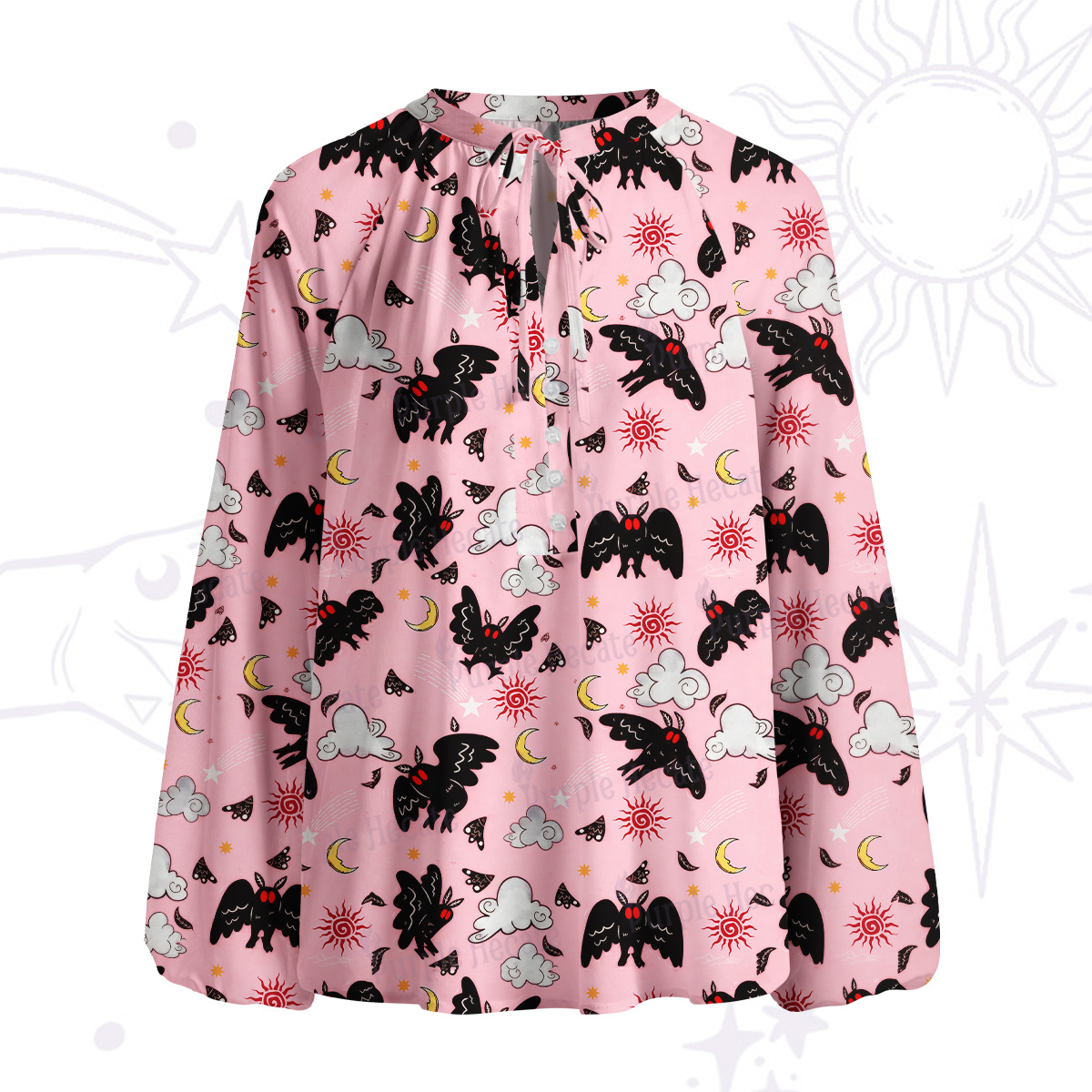Purplehecate Cryptid Mothman Split Neck Tie Blouse