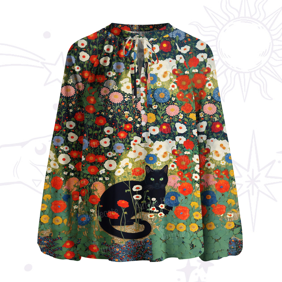 Purplehecate Vintage The Cat in Bloom Split Neck Tie Blouse