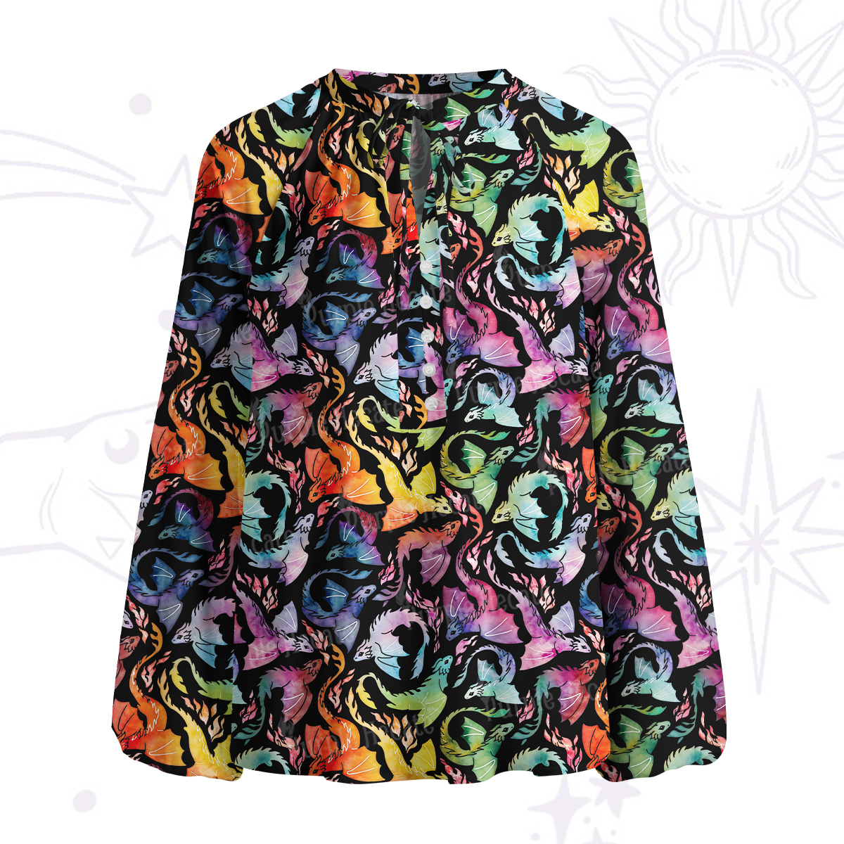 Purplehecate Rainbow Dragon Fire Split Neck Tie Blouse