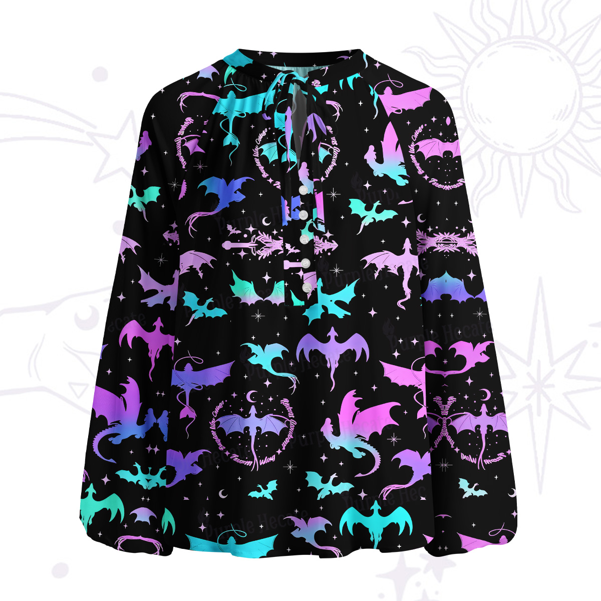 Purplehecate Neon Fantasy Dragon Allover Split Neck Tie Blouse