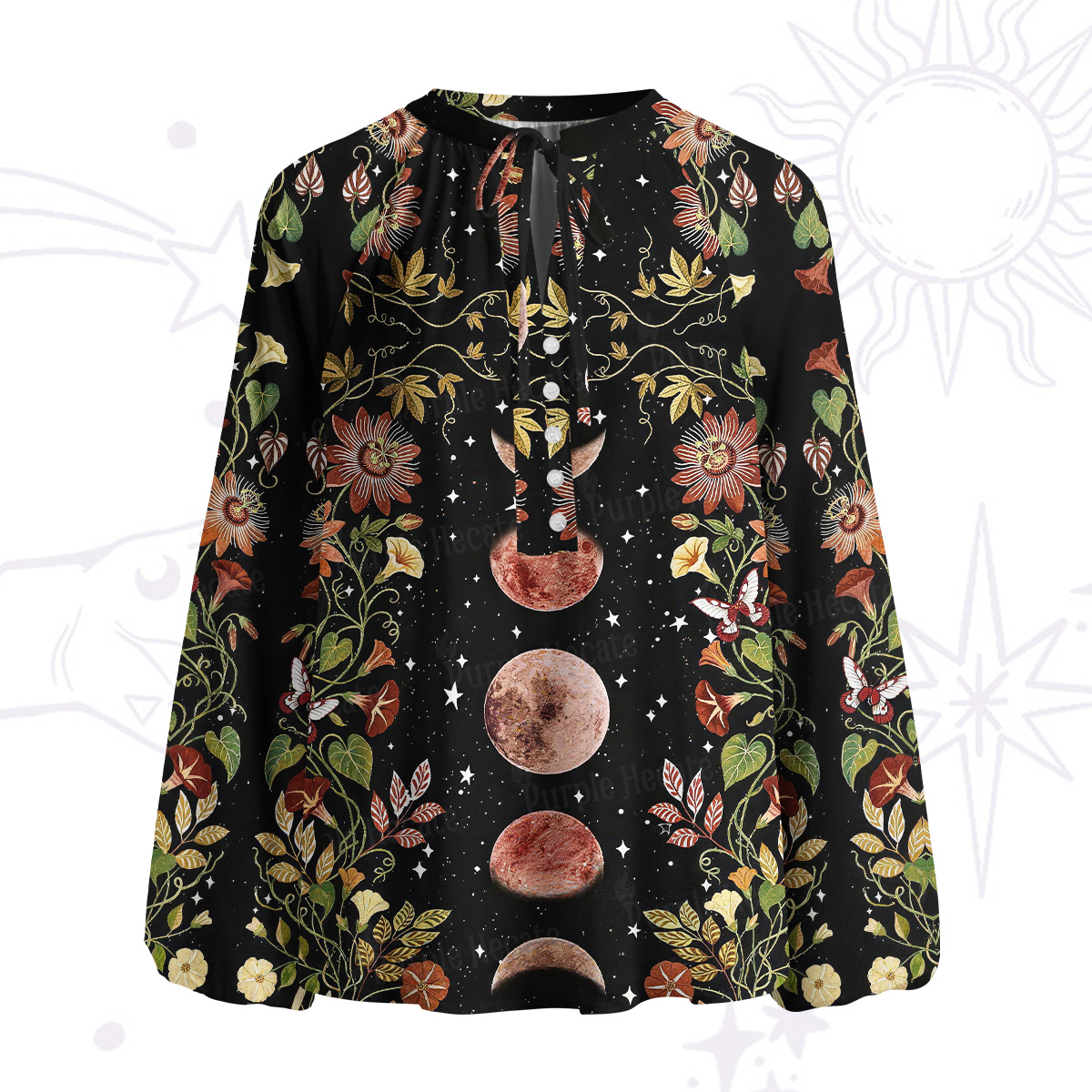 Purplehecate Moon Phase Floral Split Neck Tie Blouse