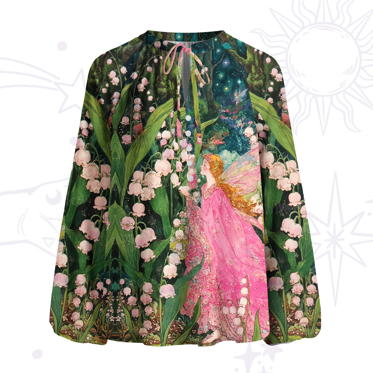 Purplehecate Mystic Secret Lily Fairy Forest Split Neck Tie Blouse