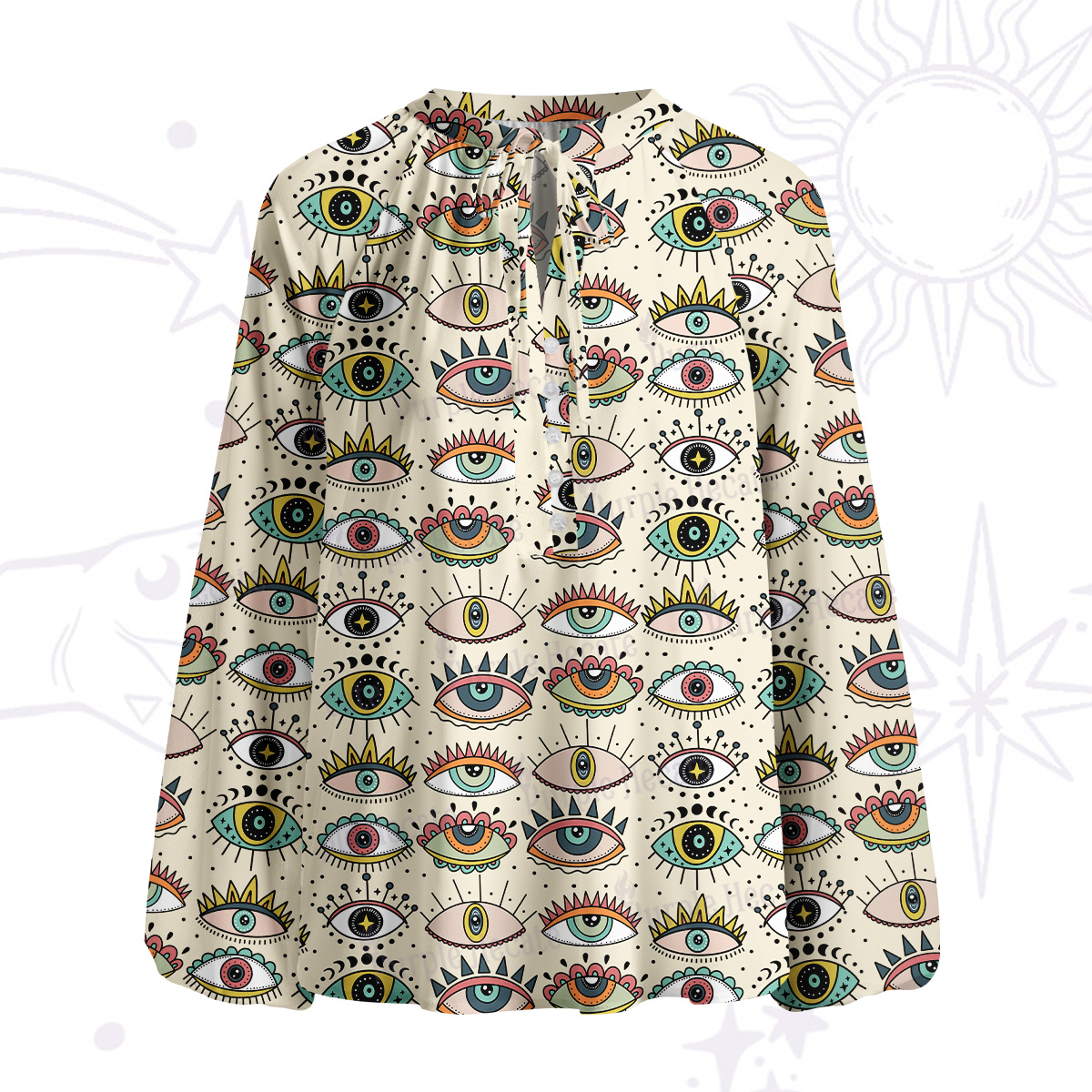 Purplehecate Evil Eye Pattern Split Neck Tie Blouse