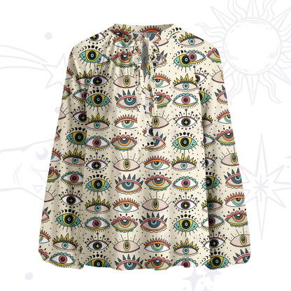 Purplehecate Evil Eye Pattern Split Neck Tie Blouse