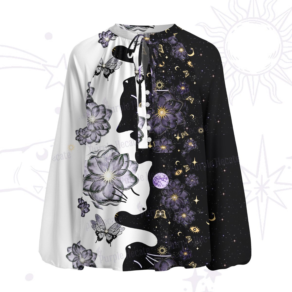 Purplehecate Starlit Cats & Butterflies Split Neck Tie Blouse