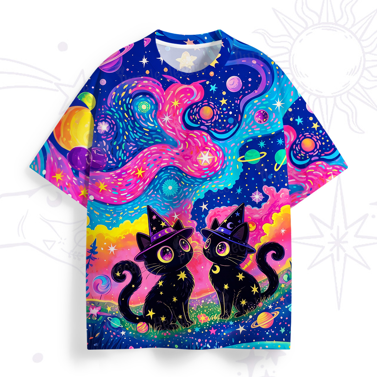 Purplehecate Whispers of the Universe Black Cat All Over Print T-Shirt