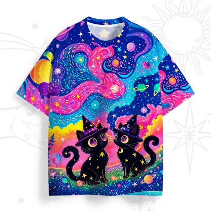 Purplehecate Whispers of the Universe Black Cat All Over Print T-Shirt