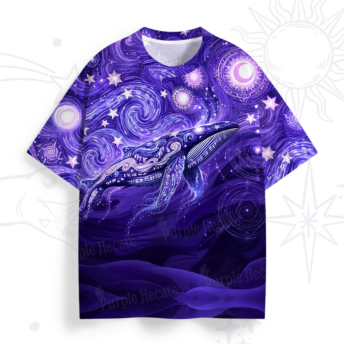 Purplehecate Celestial Whale Under the Swirling Stars All Over Print T-Shirt