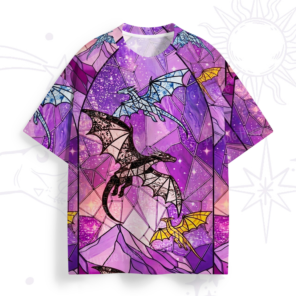 Purplehecate Stained Glass Sky Dragons All Over Print T-Shirt