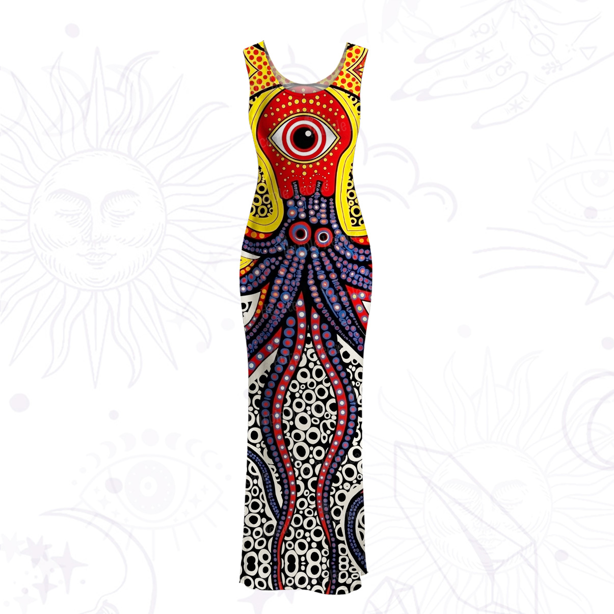 Purplehecate Trippy One‑Eyed Sea Monster Octopus Tentacle Mesh Maxi Tank Beach Dress