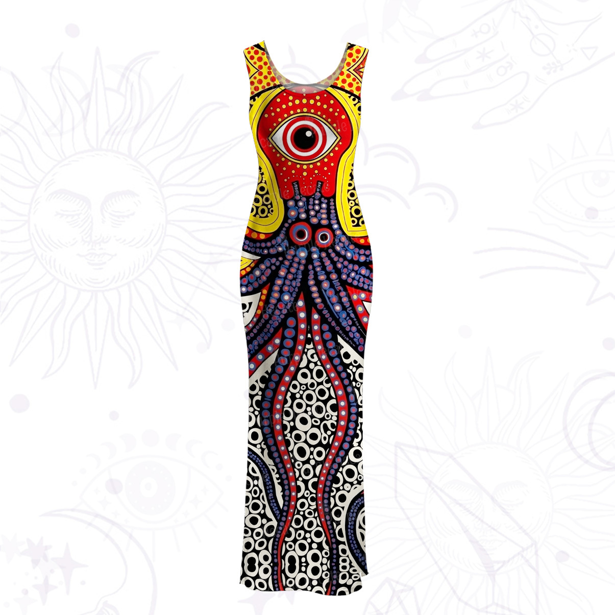 Purplehecate Trippy One‑Eyed Sea Monster Octopus Tentacle Mesh Maxi Tank Beach Dress