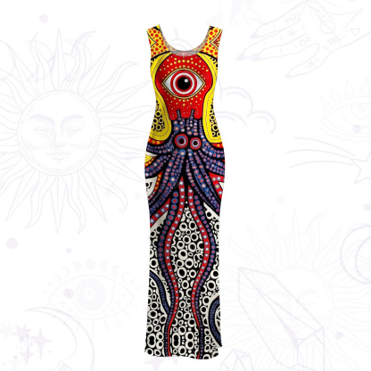Purplehecate Trippy One‑Eyed Sea Monster Octopus Tentacle Mesh Maxi Tank Beach Dress