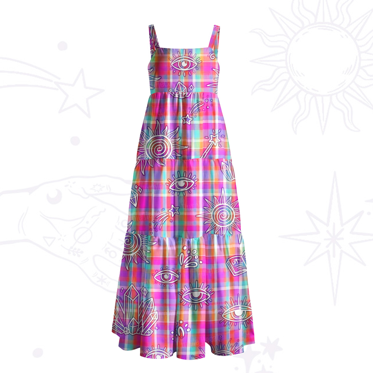 Purplehecate Psychedelic Check Celestial Eye Wide Straps Maxi Dress