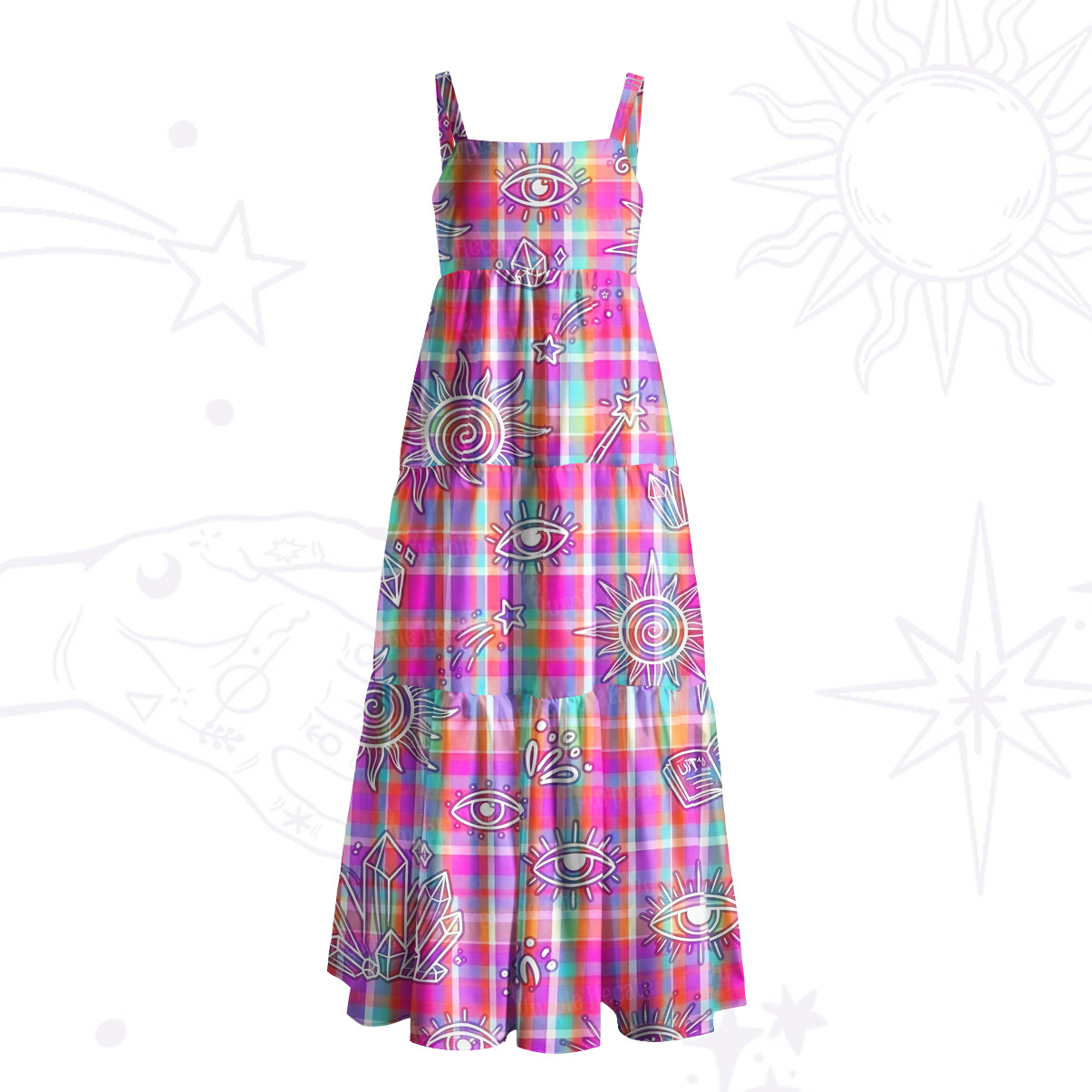 Purplehecate Psychedelic Check Celestial Eye Wide Straps Maxi Dress