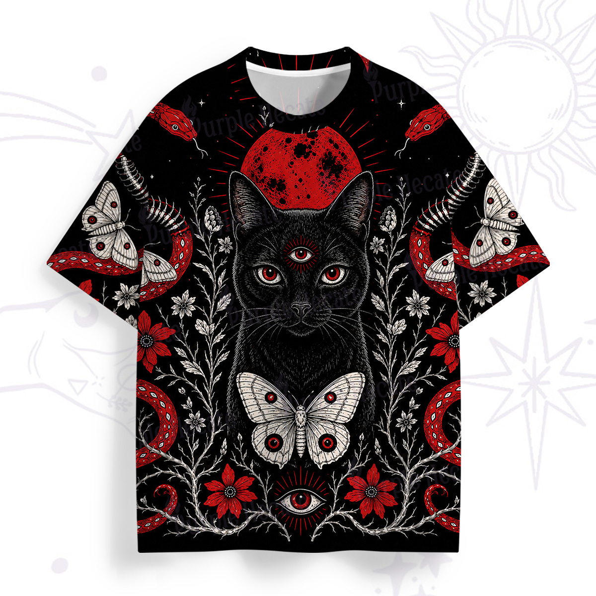 Purplehecate Blood Moon Third‑Eye Black Cat All Over Print T-Shirt
