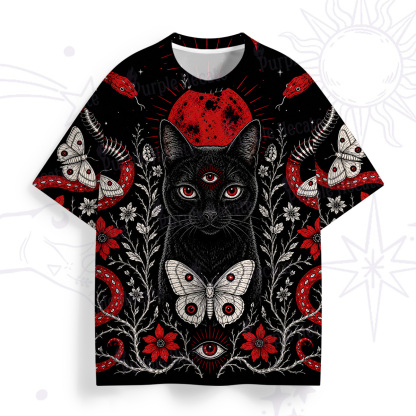Purplehecate Blood Moon Third‑Eye Black Cat All Over Print T-Shirt