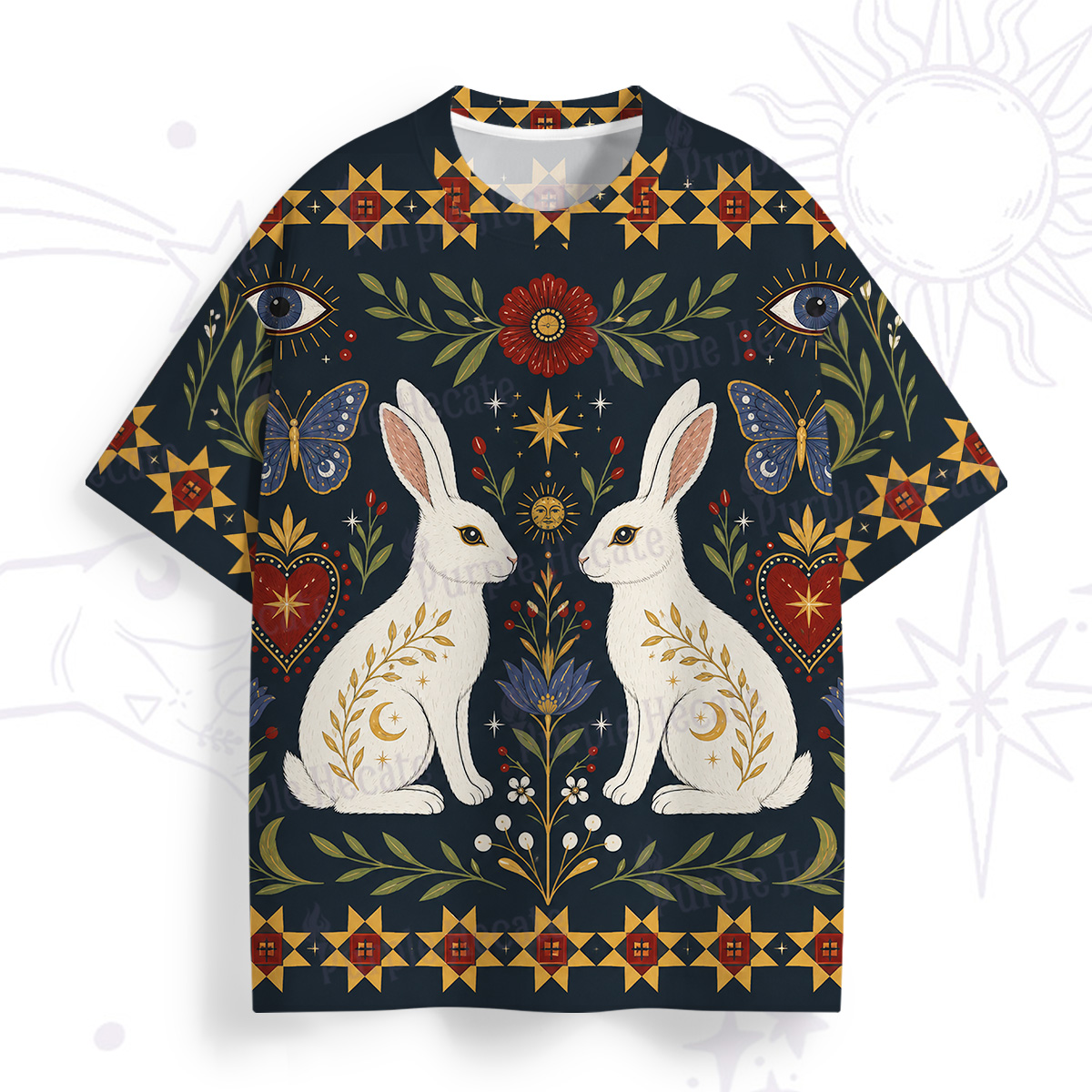 Purplehecate Folk Art Bunny Print All Over Print T-Shirt