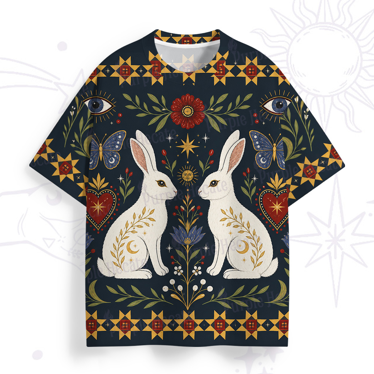 Purplehecate Folk Art Bunny Print All Over Print T-Shirt