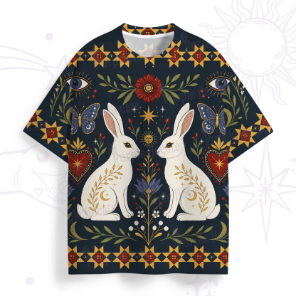 Purplehecate Folk Art Bunny Print All Over Print T-Shirt