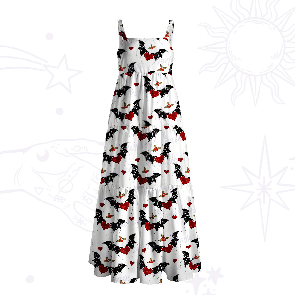 Purplehecate Dark Romance Bat & Heart Wide Straps Maxi Dress