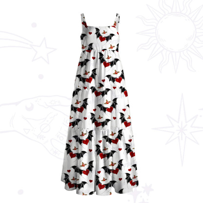 Purplehecate Dark Romance Bat & Heart Wide Straps Maxi Dress