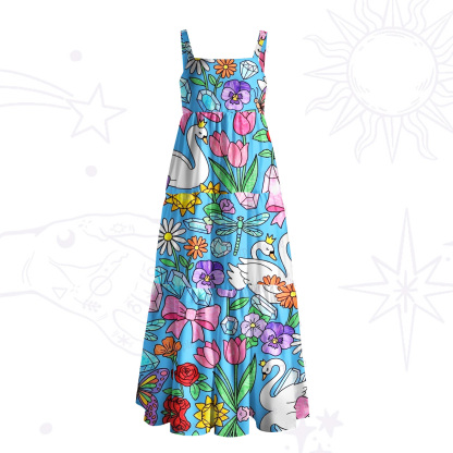 Purplehecate Whimsical Swan Meadow Wide Straps Maxi Dress