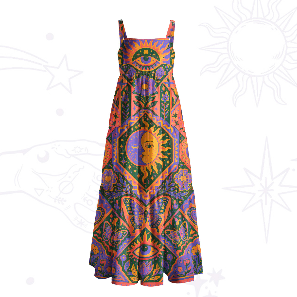 Purplehecate Sun, Moon & Butterfly Secrets Wide Straps Maxi Dress
