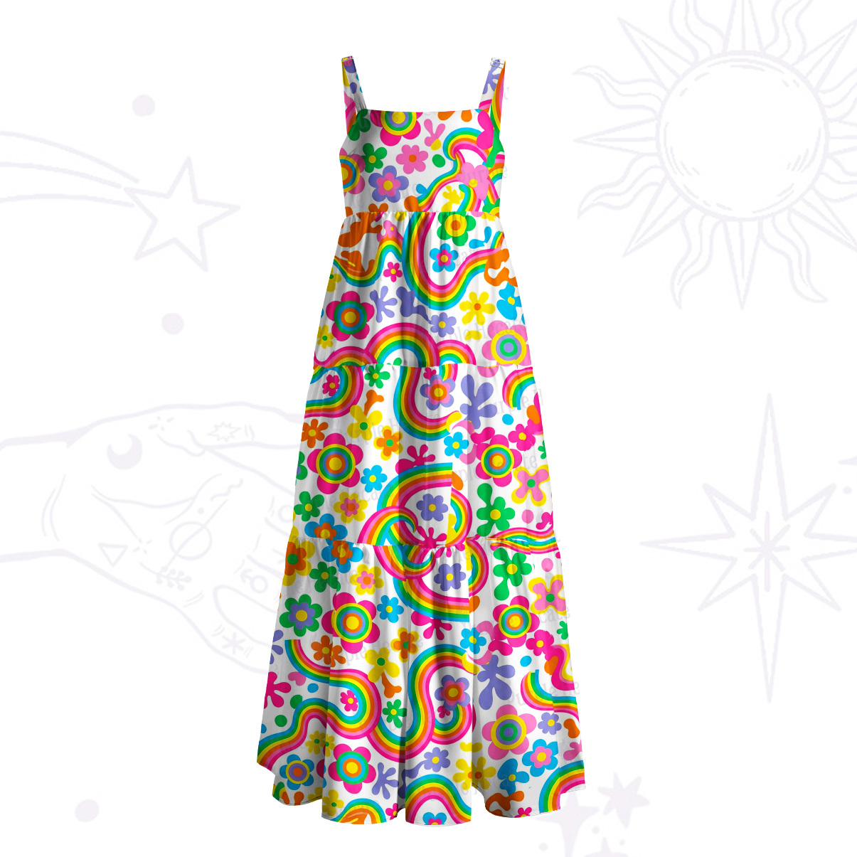 Purplehecate Groovy Rainbow Floral Wide Straps Maxi Dress