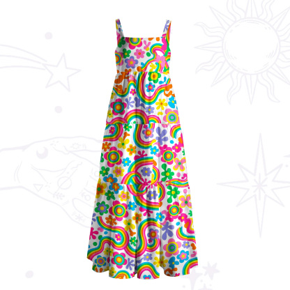 Purplehecate Groovy Rainbow Floral Wide Straps Maxi Dress
