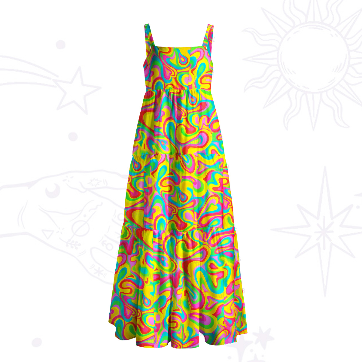 Purplehecate Groovy Rainbow Heartbeat Wide Straps Maxi Dress