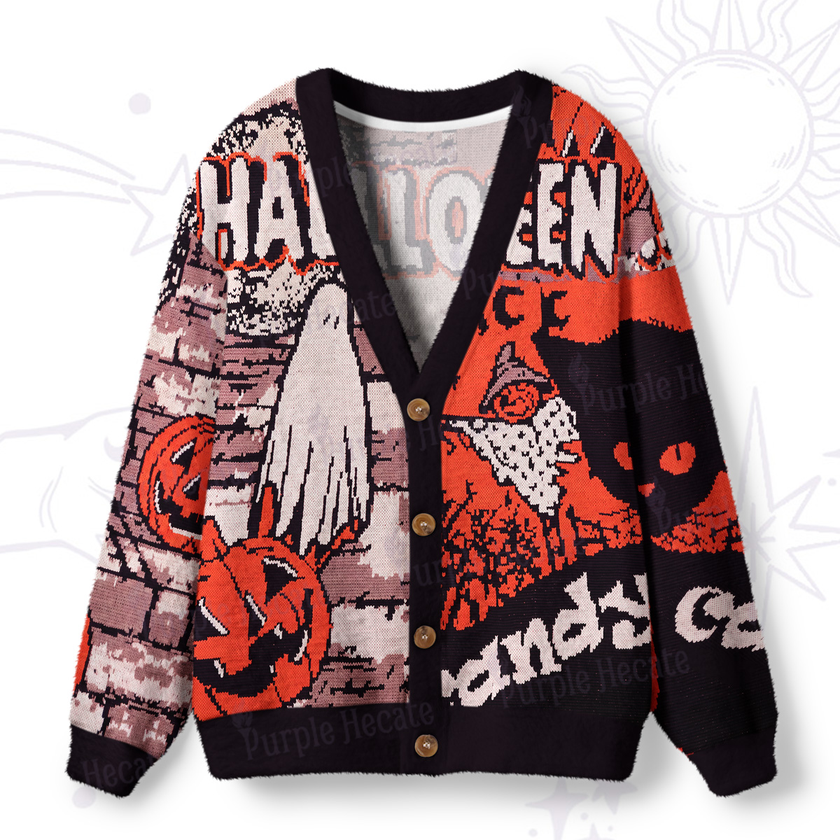 Purplehecate Pumpkin Orange Ghost Ugly Cardigan Sweaters