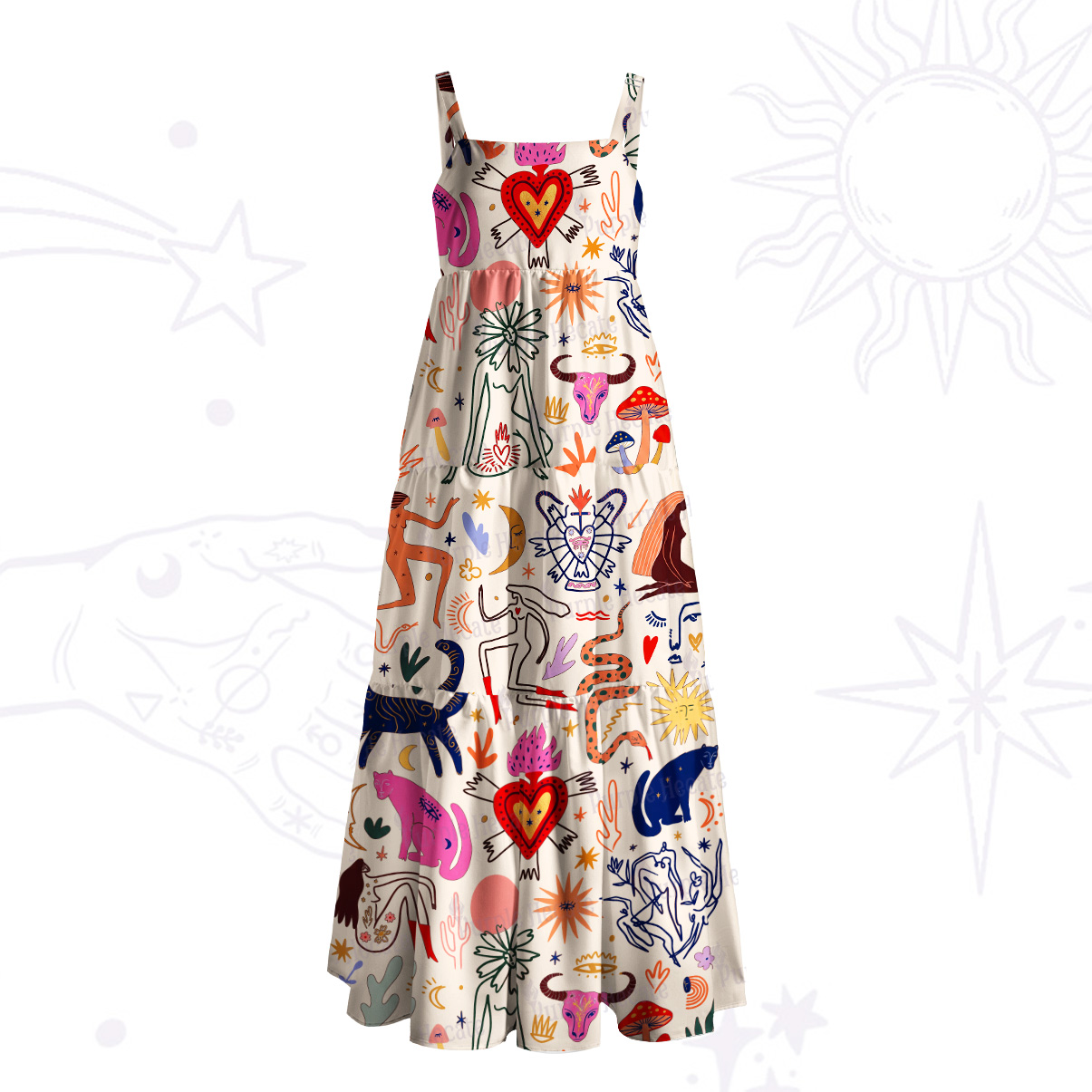 Purplehecate Whimsical Doodle Wide Straps Maxi Dress