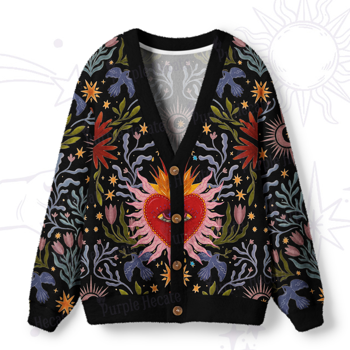 Purplehecate Sacred Flame Heart Ugly Cardigan Sweaters