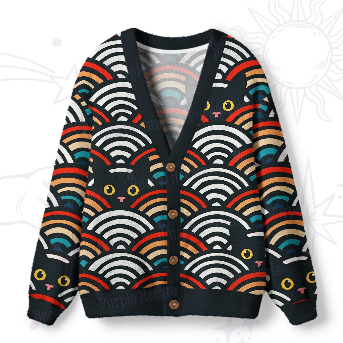 Purplehecate Rainbow Black Cat Waves Ugly Cardigan Sweaters