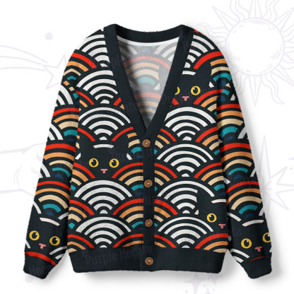 Purplehecate Rainbow Black Cat Waves Ugly Cardigan Sweaters