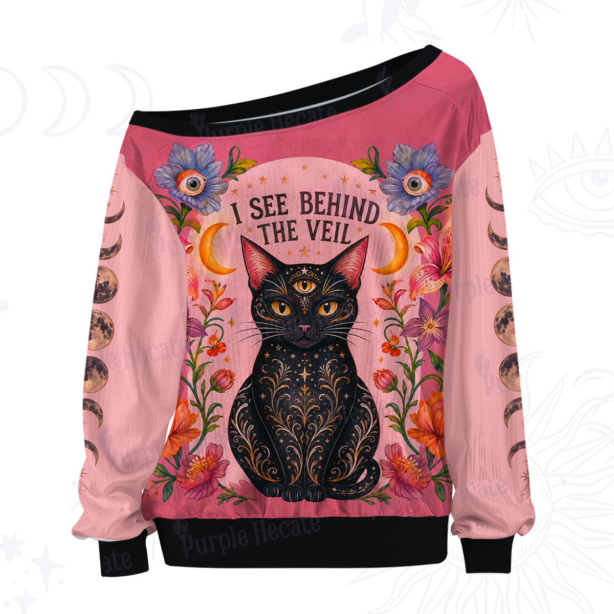 Purplehecate I See Behind The Veil Witchy Cat Off The Shoulder Graphic Jersey