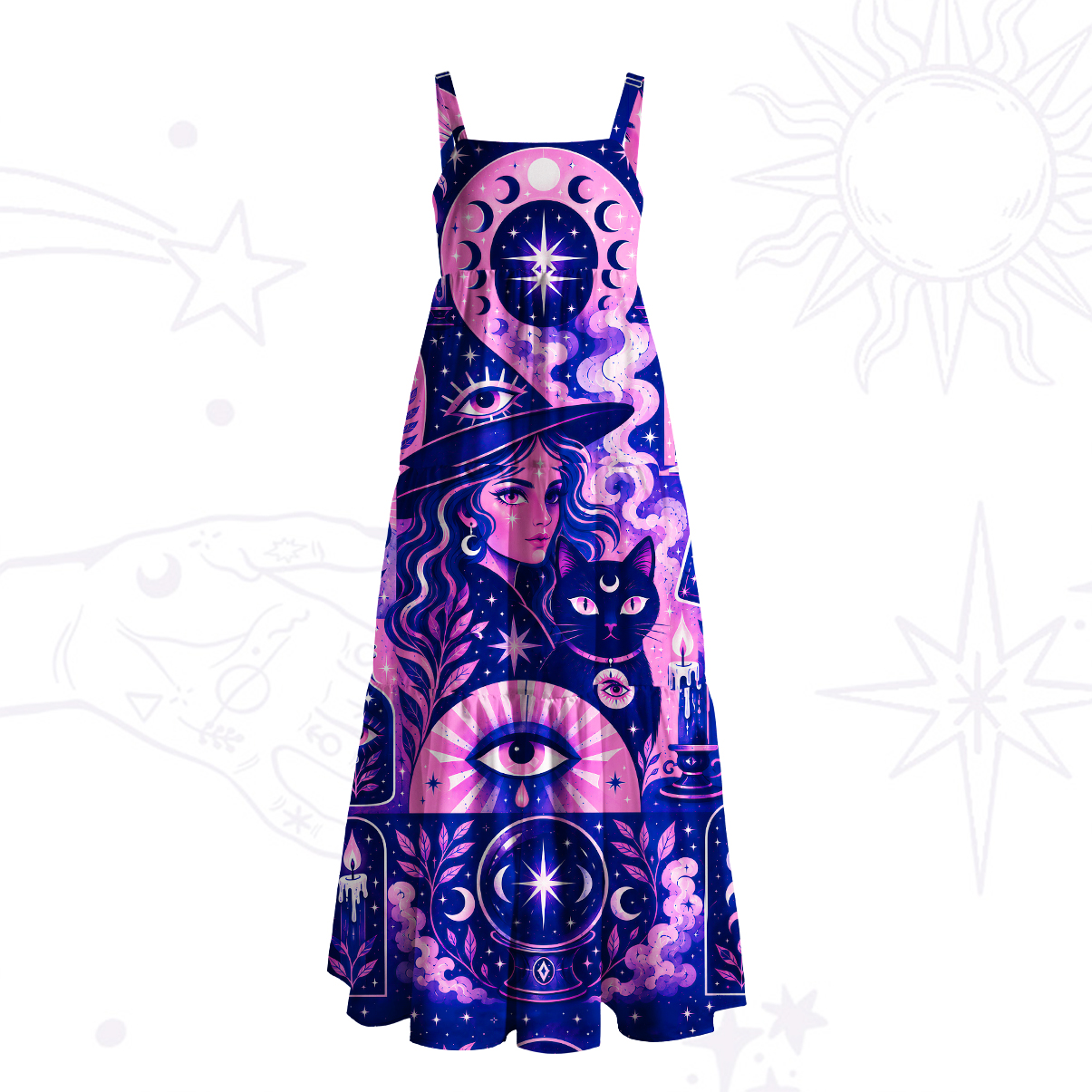Purplehecate Enchanted Night Witch Cat Galaxy Wide Straps Maxi Dress